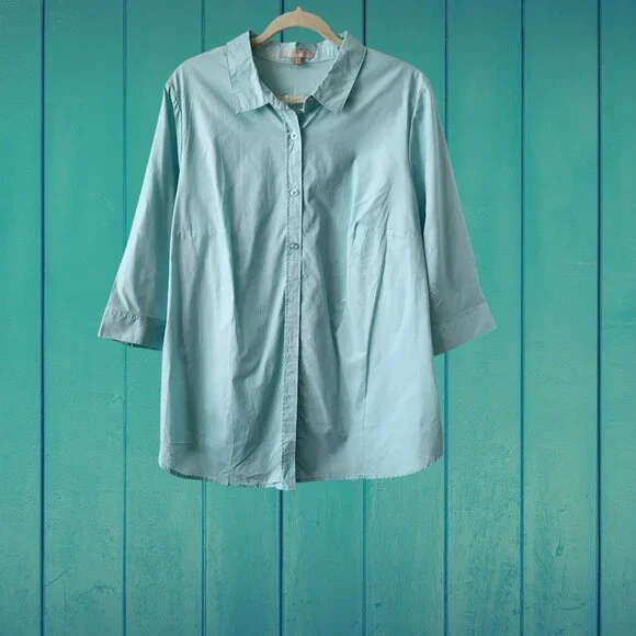Woman Within Mint Green 3/4 Sleeve Button Down Shirt Size L (18W/20W) - Picture 6 of 10